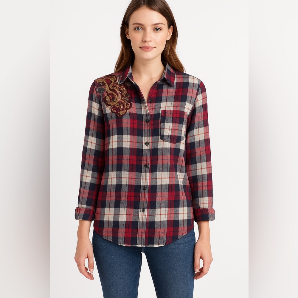 Kensie Plaid Flannel Shirt Embroidered Beaded Western Boho Small